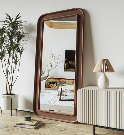 Wooden Frame Mirror In Modern Living Room With Plant Lamp And Cabinet 3d model