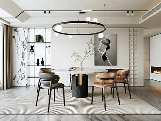 Modern Restaurant Chandelier Dining Table and Chair Decorative Cabinet Decorative Painting Curtain Carpet 3d model