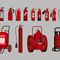 Different Types Of Red Fire Safety Equipment With Portable And Wheeled Extinguishers