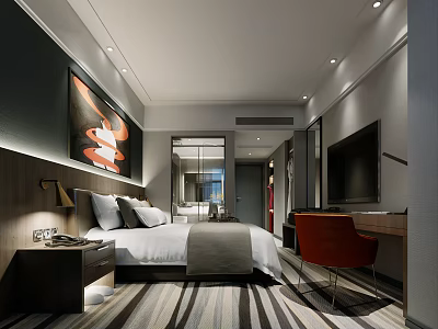 Modern Hotel Guest Room With King Bed Decorative Painting Table Lamp TV And Striped Carpet 3d model