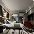 Modern Hotel Guest Room With King Bed Decorative Painting Table Lamp TV And Striped Carpet