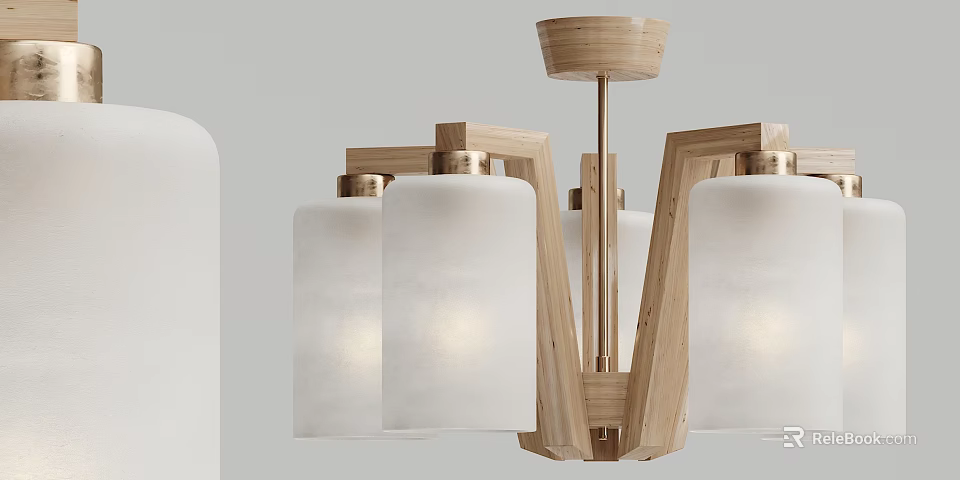 Modern Wooden Chandelier With White Frosted Glass Shades and Geometric Frame for Contemporary Interior Decoration 3d model 