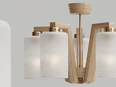 Modern Wooden Chandelier With White Frosted Glass Shades and Geometric Frame for Contemporary Interior Decoration 3d model