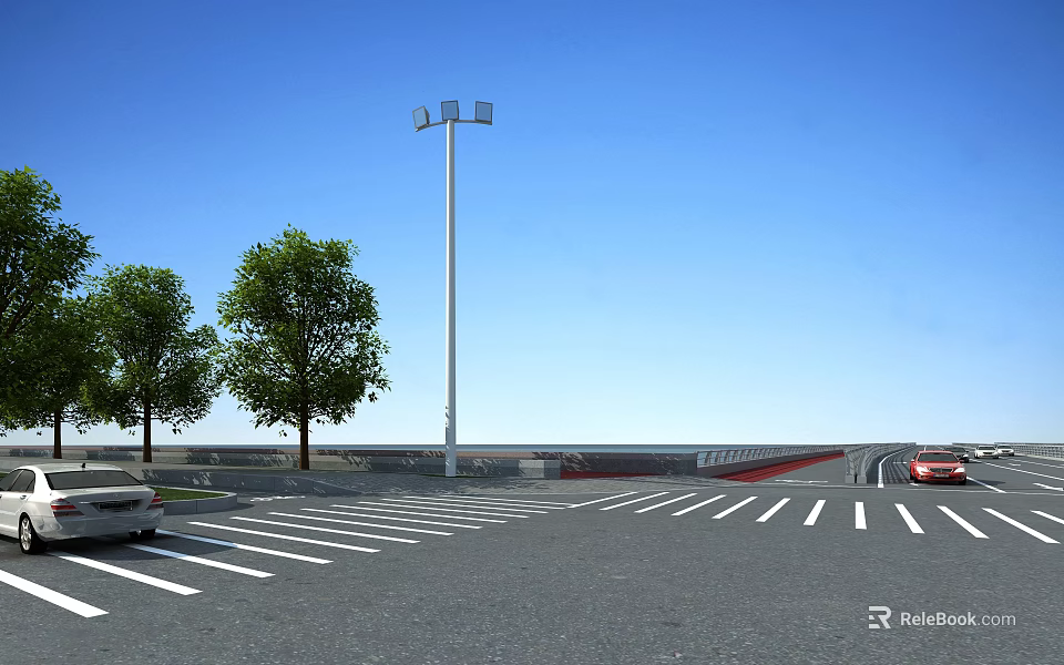 Well Designed Road Facilities With Street Lamp Pedestrian Crossing And Green Trees 3d model 