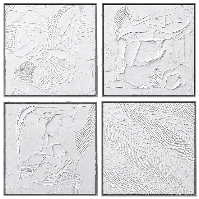 Abstract White Textured Paintings In Four Pieces With Unique Patterns 3d model 