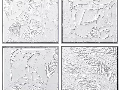 Abstract White Textured Paintings In Four Pieces With Unique Patterns 3d model