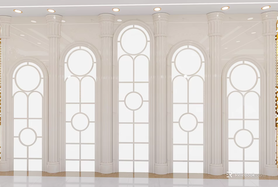 Elegant White Feature Wall Design With Arched Windows And Decorative Columns 3d model