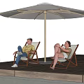Two People Relaxing On Deck Chairs Under Sun Umbrella By Poolside Deck