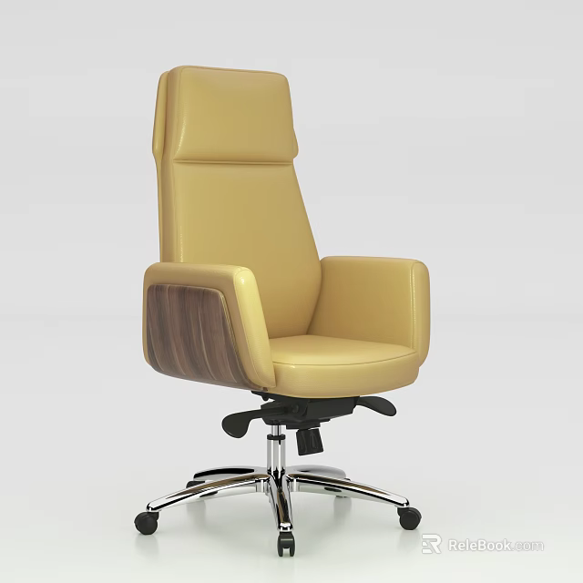 Yellow Leather High Back Office Chair With Wooden Armrests And Chrome Base 3d model 