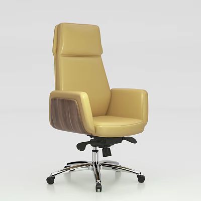 Yellow Leather High Back Office Chair With Wooden Armrests And Chrome Base 3d model