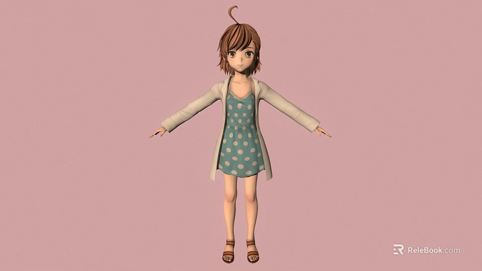 3D Girl With Brown Hair Wearing Light Green Floral Dress Beige Cardigan On Pink Background 3d model 