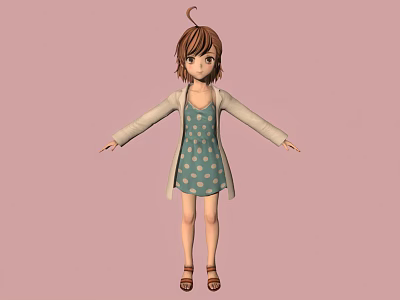3D Girl With Brown Hair Wearing Light Green Floral Dress Beige Cardigan On Pink Background 3d model