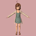 3D Girl With Brown Hair Wearing Light Green Floral Dress Beige Cardigan On Pink Background