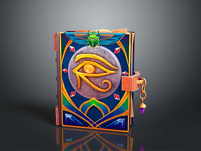 Ornate Decorative Book With Eye Symbol Colorful Patterns Gemstone Clasp And Pendant 3d model