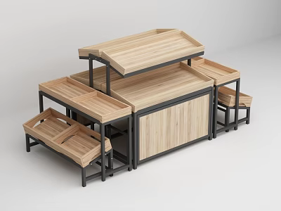 Fruit Store Fresh Fruit Display Shelves With Wooden Counter And Metal Frame Design 3d model