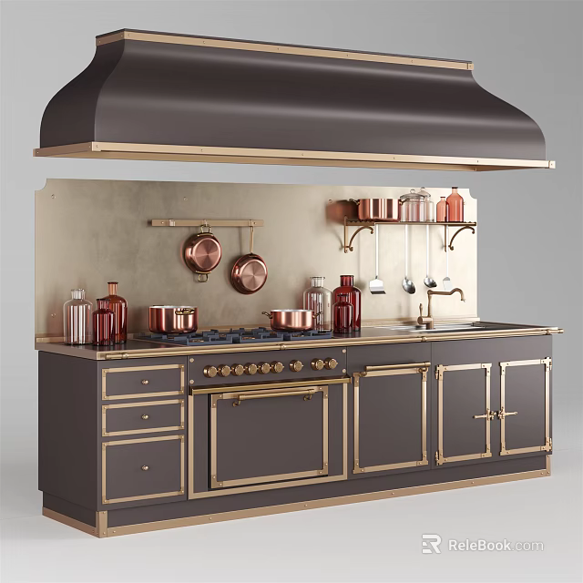 Stylish Kitchen Interior With Black Range Hood Copper Pans Metallic Backsplash And Cabinets 3d model