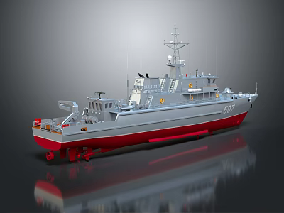 Gray And Red Warship Patrol Ship With Superstructure Antennas Deck Equipment Detailed 3d model