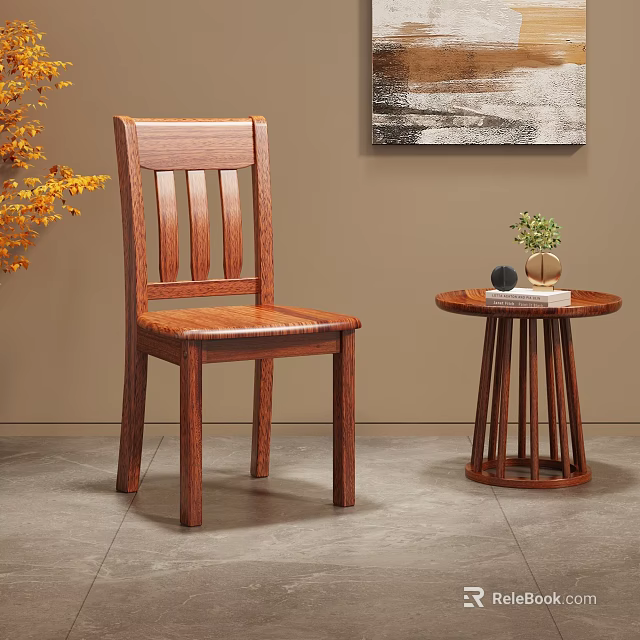 Solid Wood Dining Chair With Vertical Slat Back Warm Brown Tone And Round Side Table 3d model