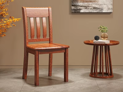 Solid Wood Dining Chair With Vertical Slat Back Warm Brown Tone And Round Side Table 3d model