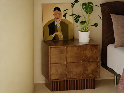 Brown Wooden Bedside Table With Drawers Potted Plant And Wall Artwork Near Bed 3d model