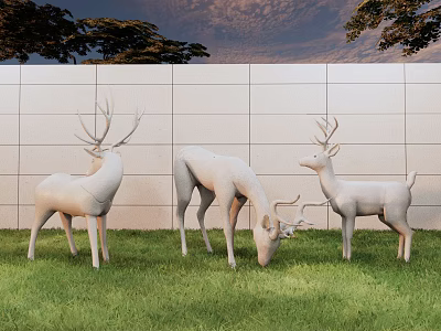 Landscape Sculptures Featuring Three White Deer On Green Grass With Wall And Trees Under Sky 3d model