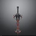 Mythical Fantasy Sword With Black Red Ornate Patterns And Intricate Hilt Design