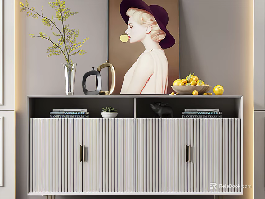 Gray Striped Console Cabinet With Vase Twigs Fruit Bowl Books And Artwork In Interior 3d model 
