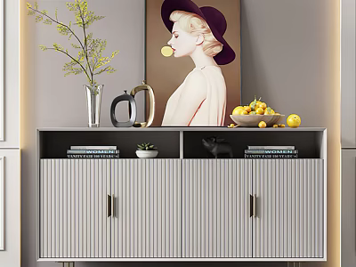 Gray Striped Console Cabinet With Vase Twigs Fruit Bowl Books And Artwork In Interior 3d model