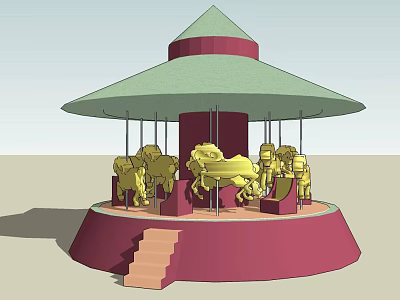 Colorful Carousel Amusement Equipment With Golden Horses Green Canopy And Red Base 3d model