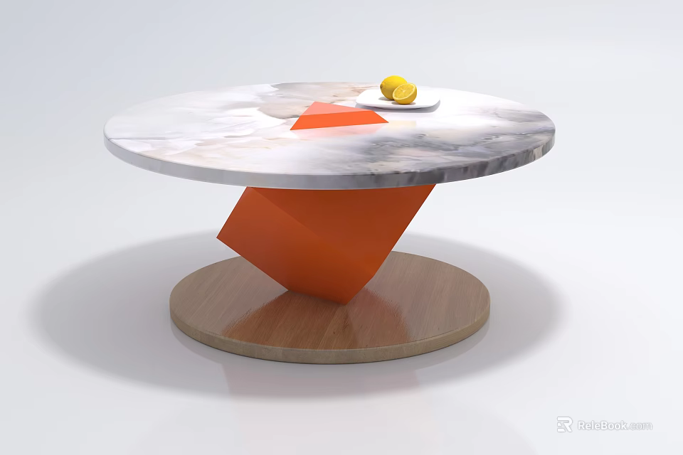 Round Marble Coffee Table With Orange Geometric Base Wooden Stand And Fresh Lemons 3d model 