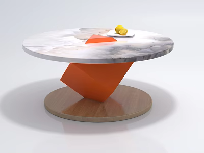 Round Marble Coffee Table With Orange Geometric Base Wooden Stand And Fresh Lemons 3d model