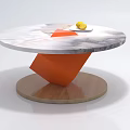 Round Marble Coffee Table With Orange Geometric Base Wooden Stand And Fresh Lemons