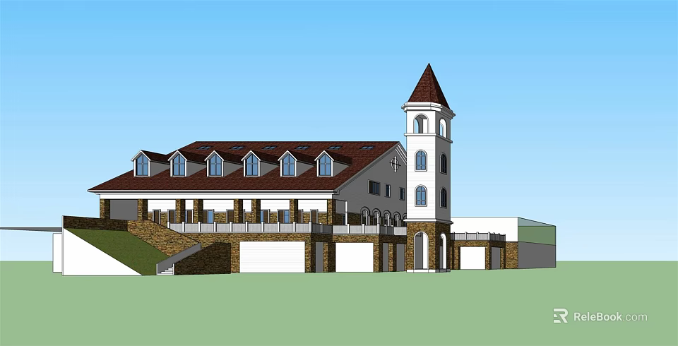 Traditional Building Exterior With Dark Roof Tower And Multiple Windows Design 3d model 