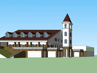 Traditional Building Exterior With Dark Roof Tower And Multiple Windows Design 3d model