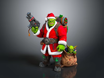 Christmas Goblin Character In Santa Costume Holding Toy Gun With Small Goblin In Gift Bag 3d model