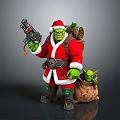 Christmas Goblin Character In Santa Costume Holding Toy Gun With Small Goblin In Gift Bag