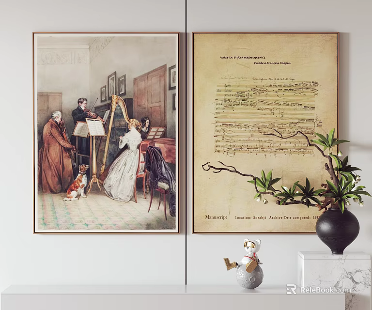 Vintage Art Prints With Classical Scene Musical Score And Decorative Vase Figurine 3d model 