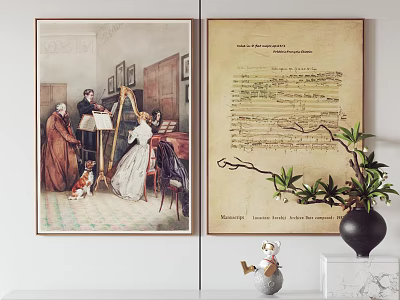 Vintage Art Prints With Classical Scene Musical Score And Decorative Vase Figurine 3d model