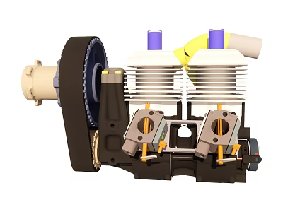 Twin Cylinder Industrial Engine Featuring White Cylinders Purple Caps Black Components and Yellow Parts 3d model