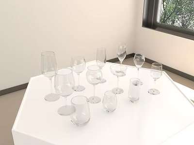 Various Wine Glasses of Different Shapes on White Hexagonal Table White Wall Window Green Plants 3d model