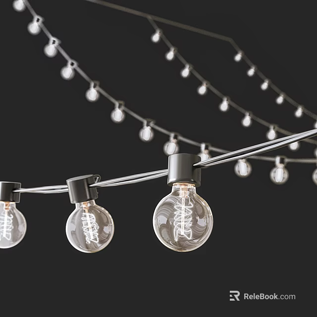 Decorative String Lights Featuring Transparent Glass Bulbs On Black Background With Warm Glow 3d model 