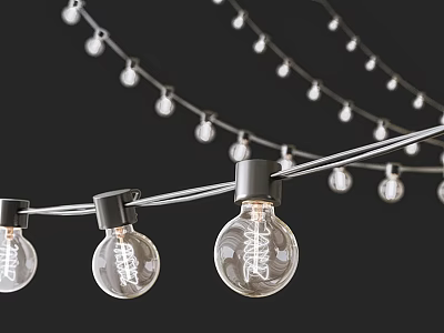 Decorative String Lights Featuring Transparent Glass Bulbs On Black Background With Warm Glow 3d model