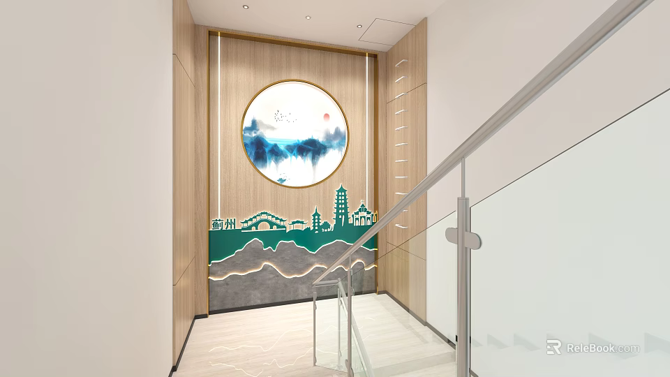 Interior Corridor With Wooden Walls Circular Landscape Painting Green City Silhouette And Glass Handrail Staircase 3d model 