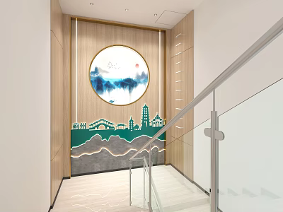 Interior Corridor With Wooden Walls Circular Landscape Painting Green City Silhouette And Glass Handrail Staircase 3d model