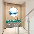 Interior Corridor With Wooden Walls Circular Landscape Painting Green City Silhouette And Glass Handrail Staircase