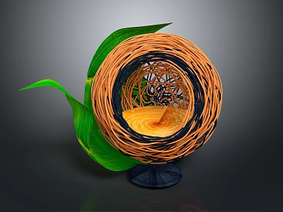 Woven Spherical Decorative Furniture With Green Leaves Yellow Interior And Dark Base 3d model