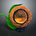 Woven Spherical Decorative Furniture With Green Leaves Yellow Interior And Dark Base