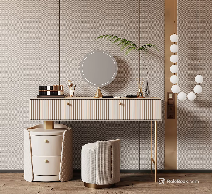 Elegant Modern Dressing Table With Golden Legs Round Mirror And Fern Plant By Beige Stool 3d model 