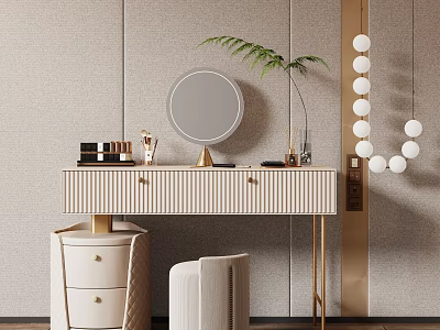 Elegant Modern Dressing Table With Golden Legs Round Mirror And Fern Plant By Beige Stool 3d model