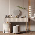 Elegant Modern Dressing Table With Golden Legs Round Mirror And Fern Plant By Beige Stool